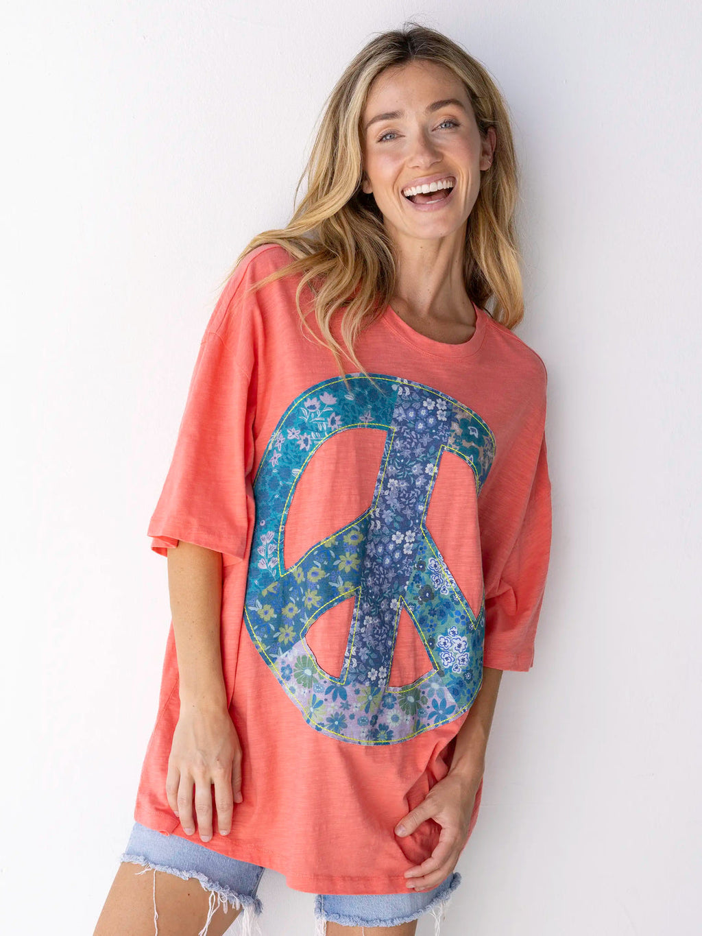 Natural Life Oversized Applique Tee - Coral Peace Sign