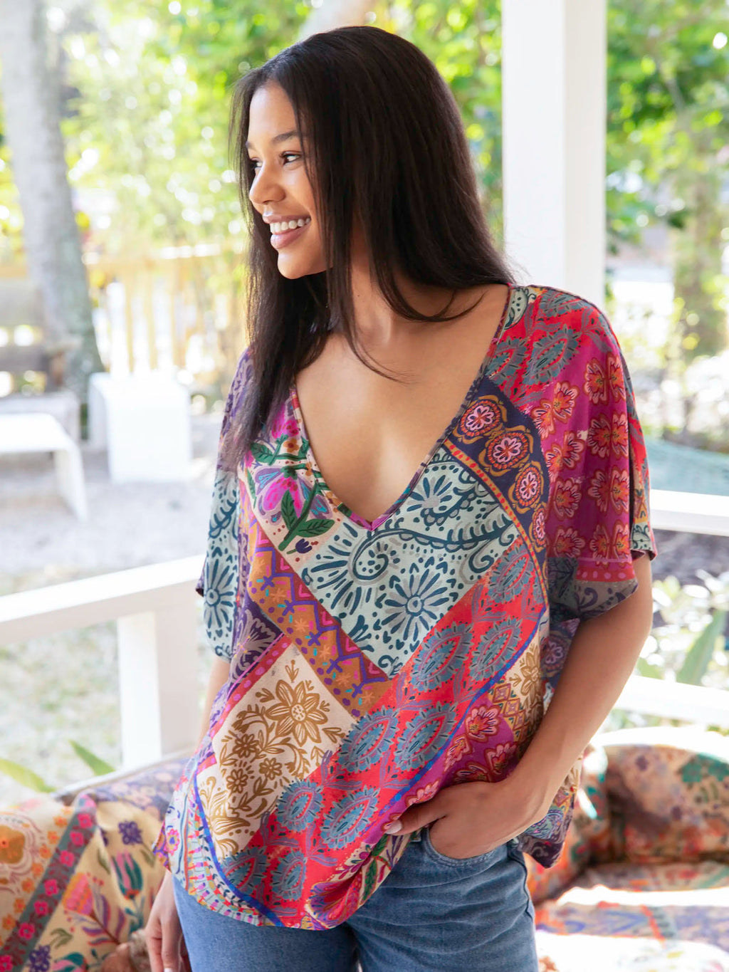 Natural Life Easy V-Neck Top - Dark Patchwork