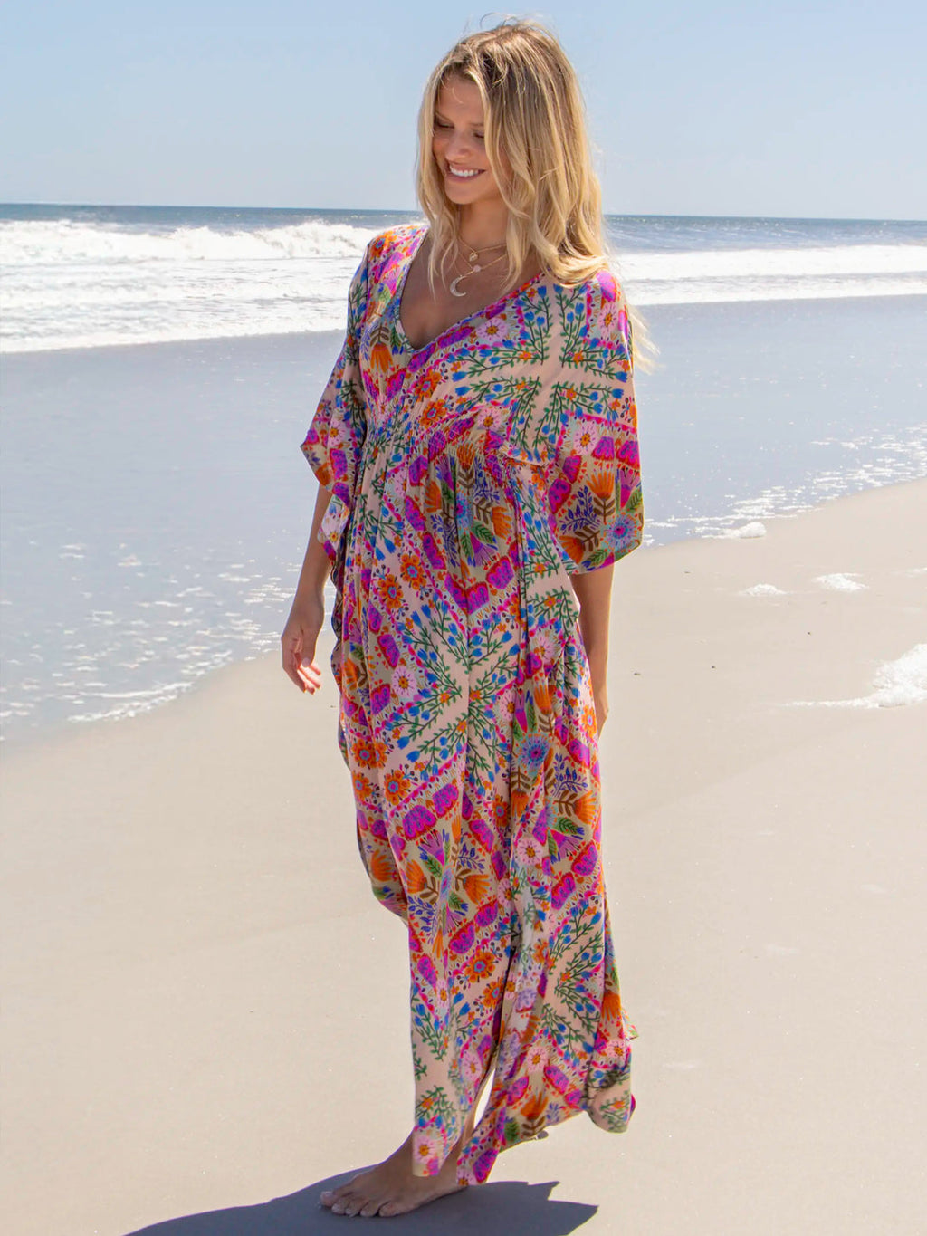 Natural Life Sanibel Kaftan Maxi Dress - Pink Floral Diamonds