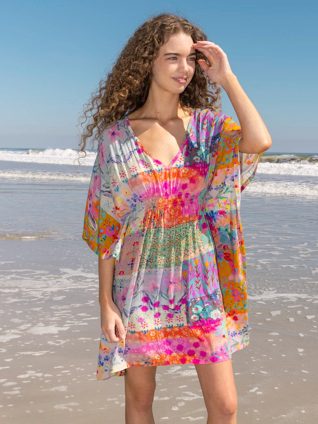 Natural Life Sanibel Kaftan Mini Dress - Pink Watercolor Patchwork