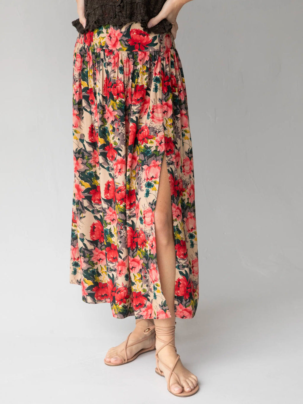 Natural Life Addie Midi Skirt - Tan Red Roses