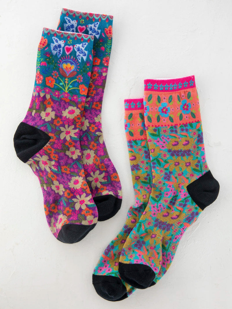 Natural Life Printed Weekend Sock Set, Set of 2 - Eggplant Birds