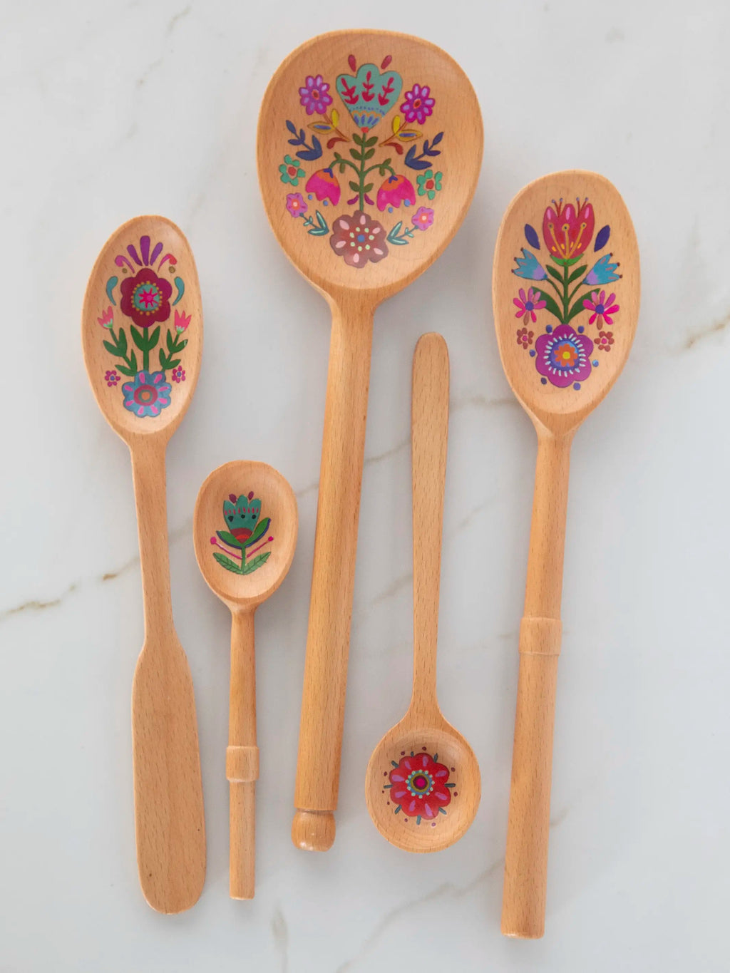 Natural Life Cutest Wooden Spoons, Set of 5 - Folk Flower