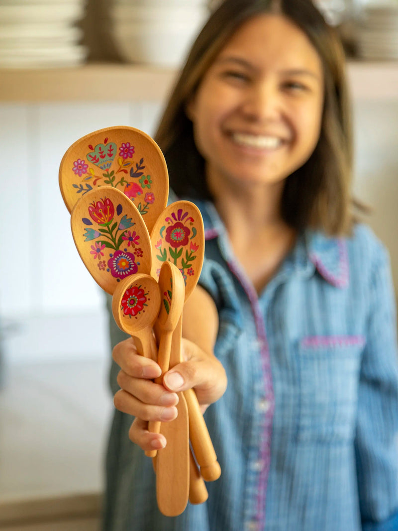 Natural Life Cutest Wooden Spoons, Set of 5 - Folk Flower