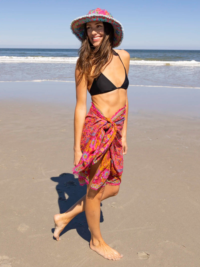 Natural Life Printed Cotton Sarong - Magenta Borders