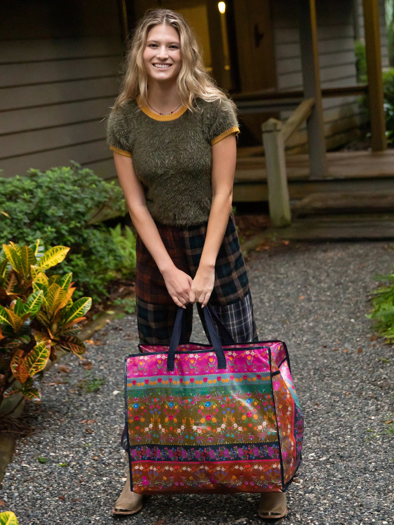 Natural Life Jumbo Tote Bag With Zipper - Pink Border