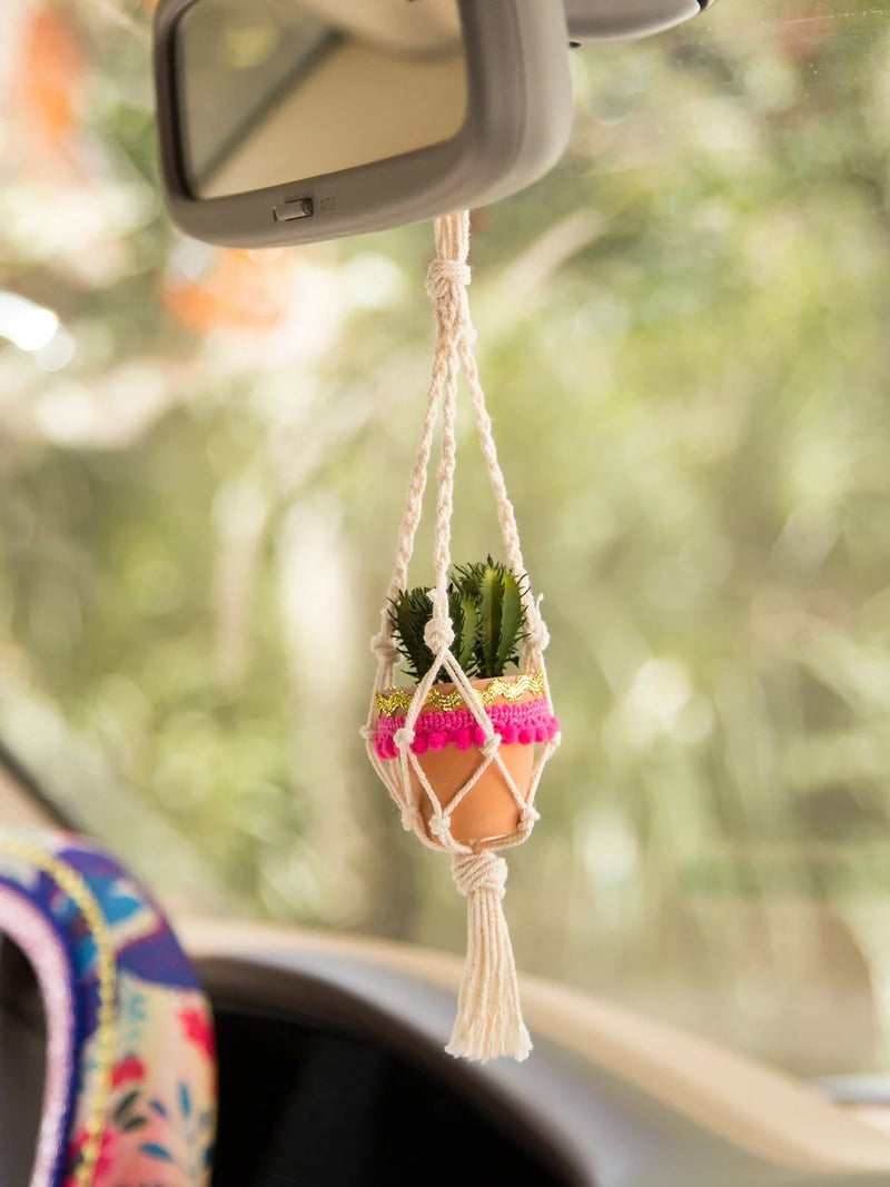 Natural Life Mini Macrame Faux Succulent Car Charm - Cream