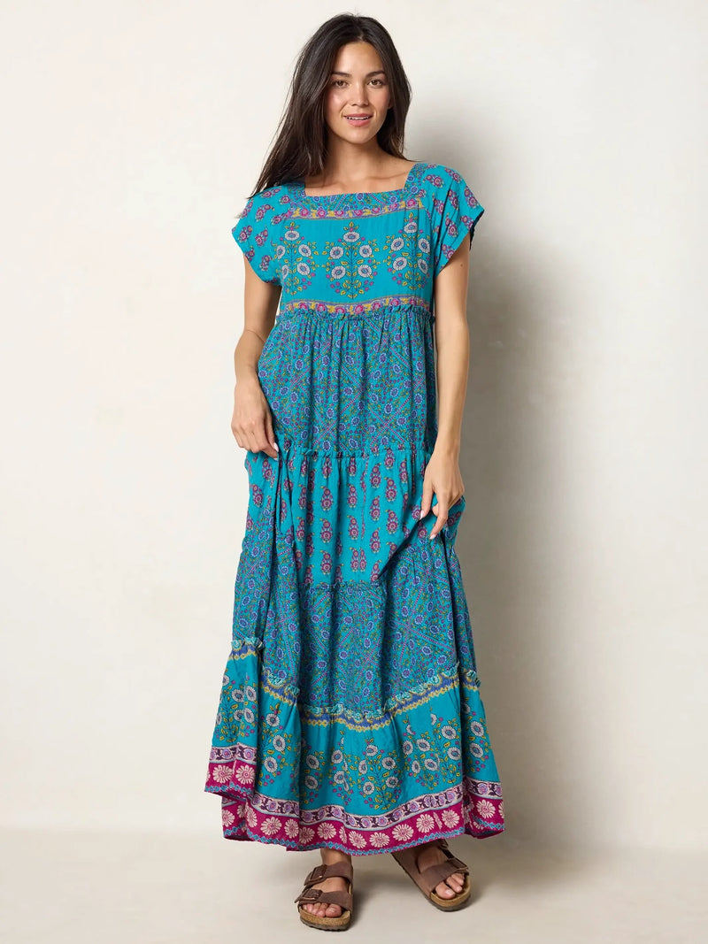 Natural Life Berkley Maxi Dress -Teal Wildflower Tiles