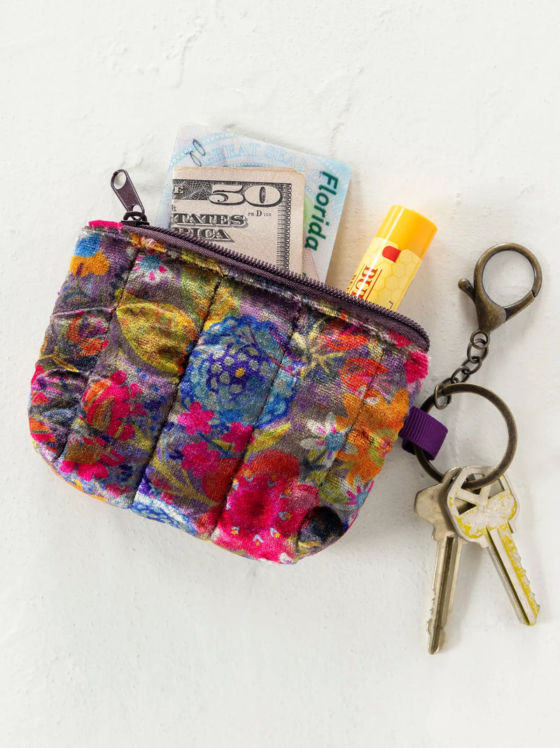 Natural Life® Mini Velvet Puffy Coin Purse Key Clip - Dark Floral Garden