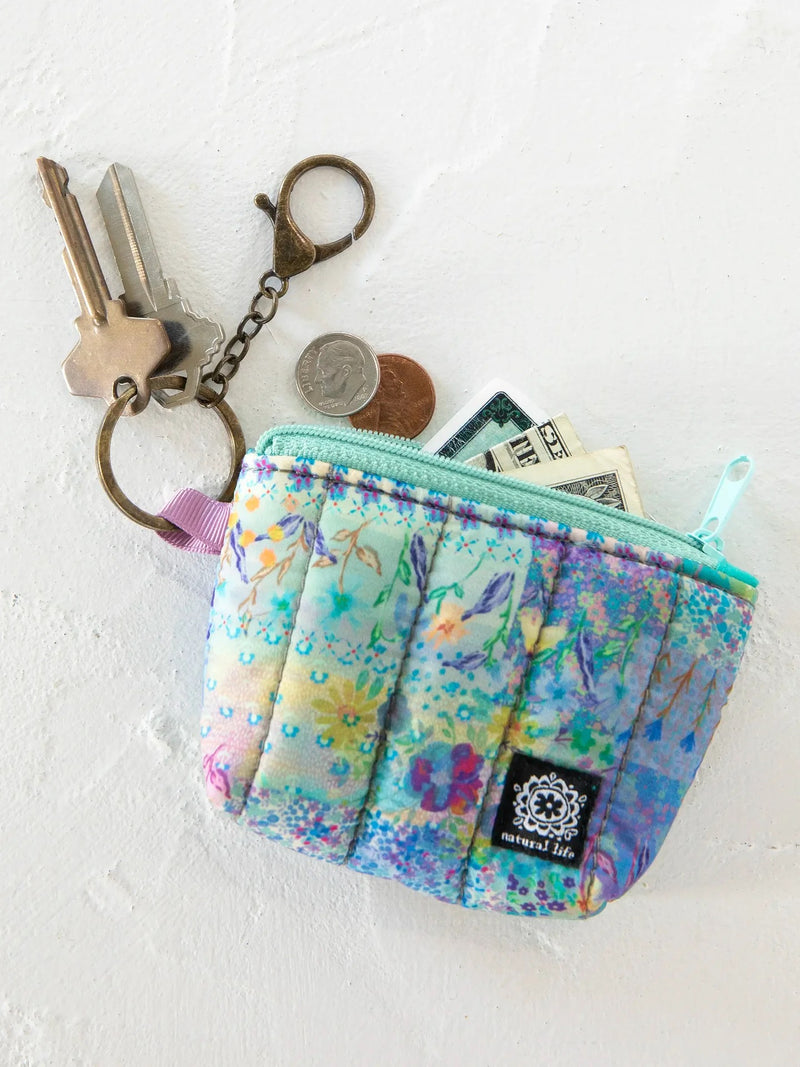 Natural Life® Mini Puffy Coin Purse Key Clip - Blue Watercolor Patchwork