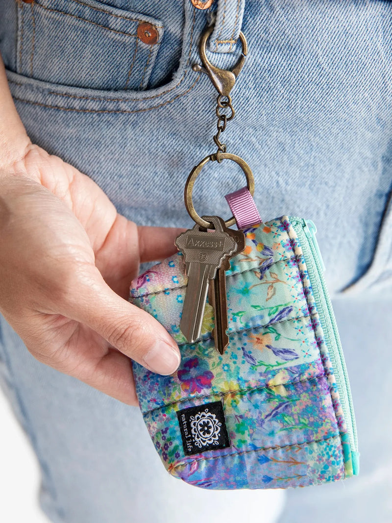 Natural Life® Mini Puffy Coin Purse Key Clip - Blue Watercolor Patchwork