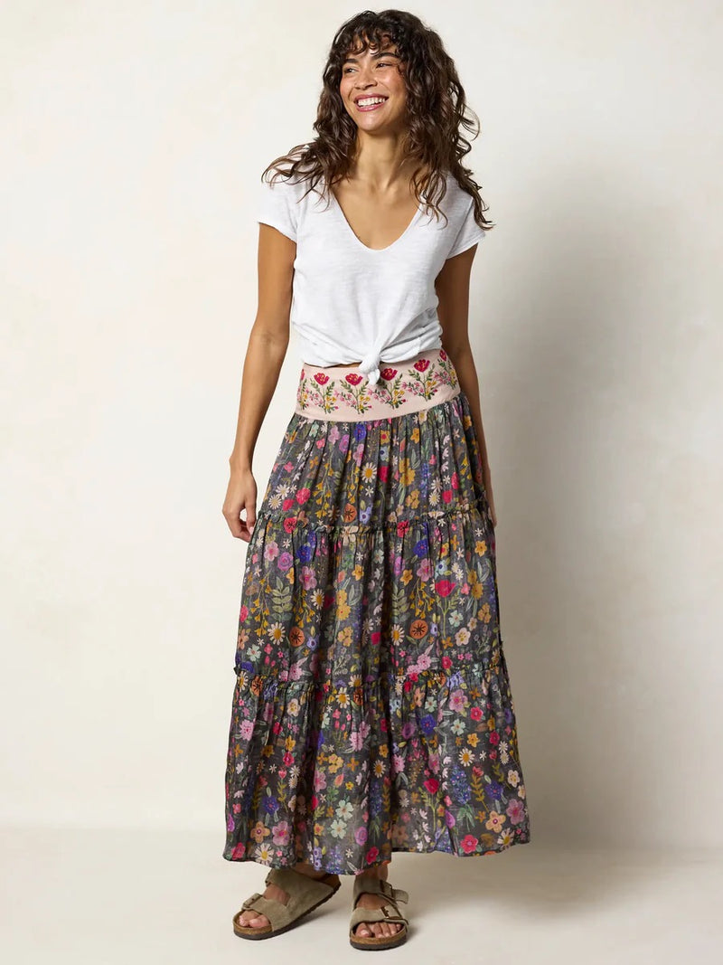 Natural Life Karlie Embroidered Tiered Maxi Skirt - Flung Floral Wildflowers