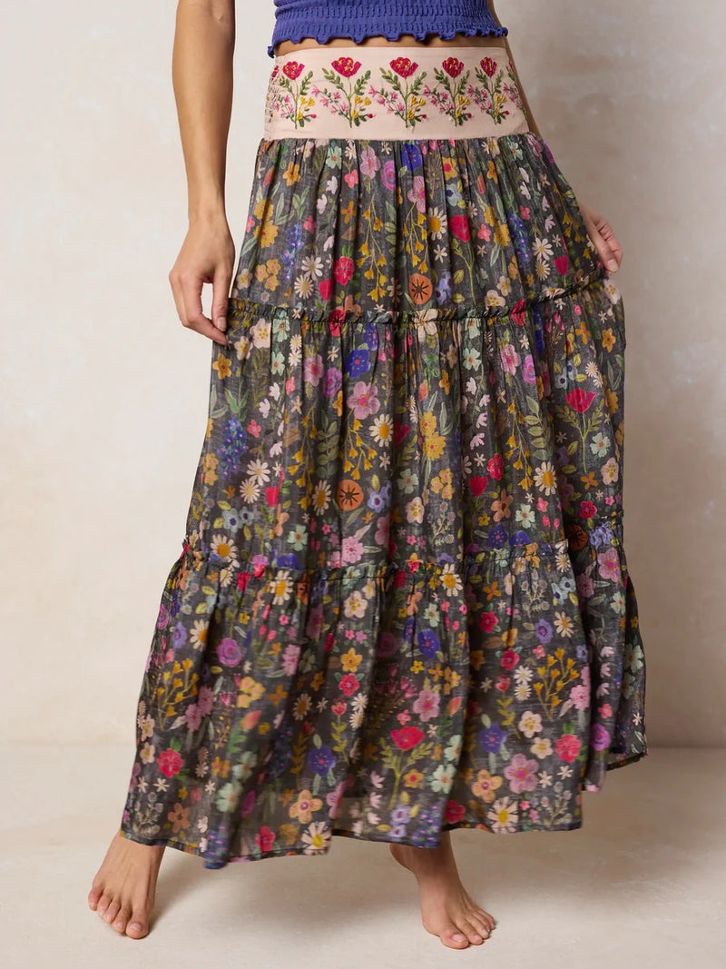 Natural Life Karlie Embroidered Tiered Maxi Skirt - Flung Floral Wildflowers