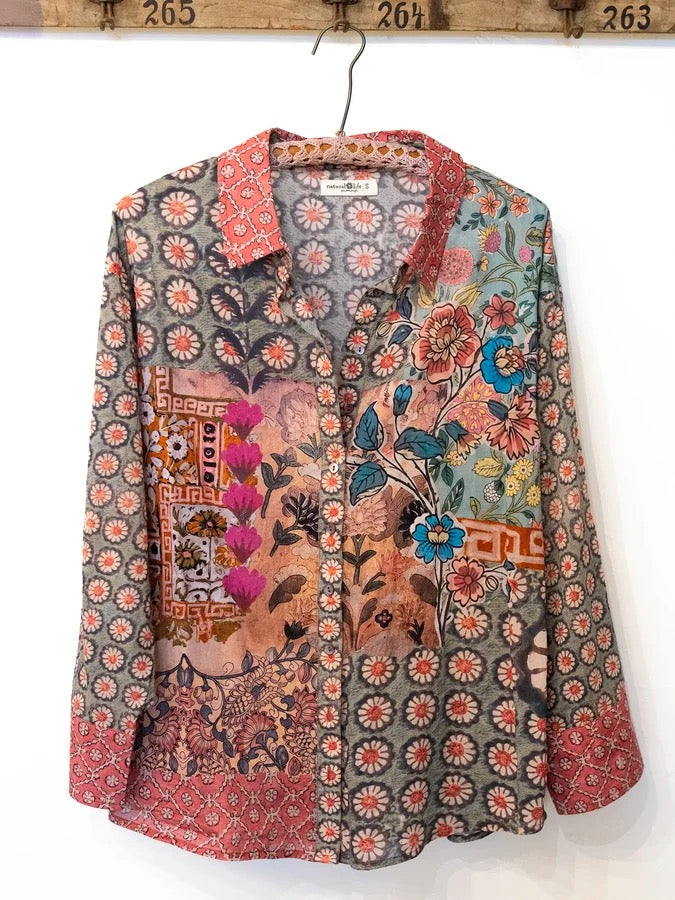Natural Life Barcelona Cotton Button Down - Patchwork Medallion Floral