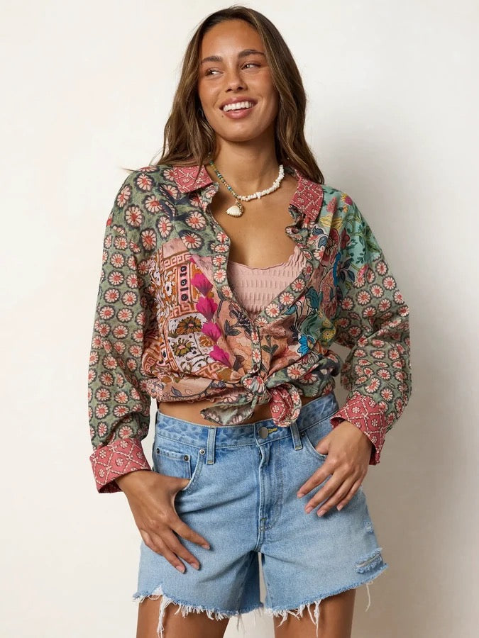 Natural Life Barcelona Cotton Button Down - Patchwork Medallion Floral
