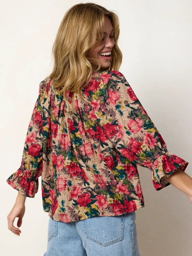Natural Life Magnolia Top - Tan Red Roses