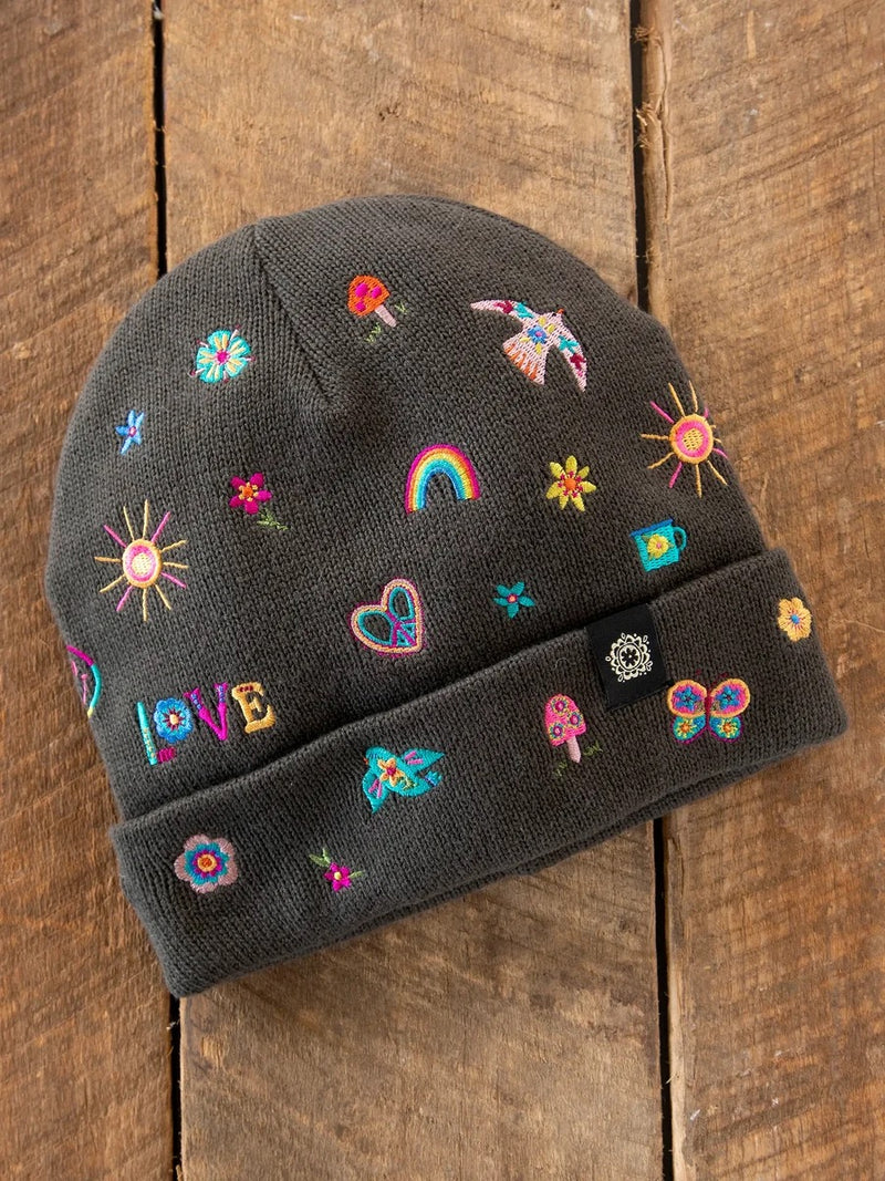 Natural Life Embroidered Beanie - Charcoal Fave Things