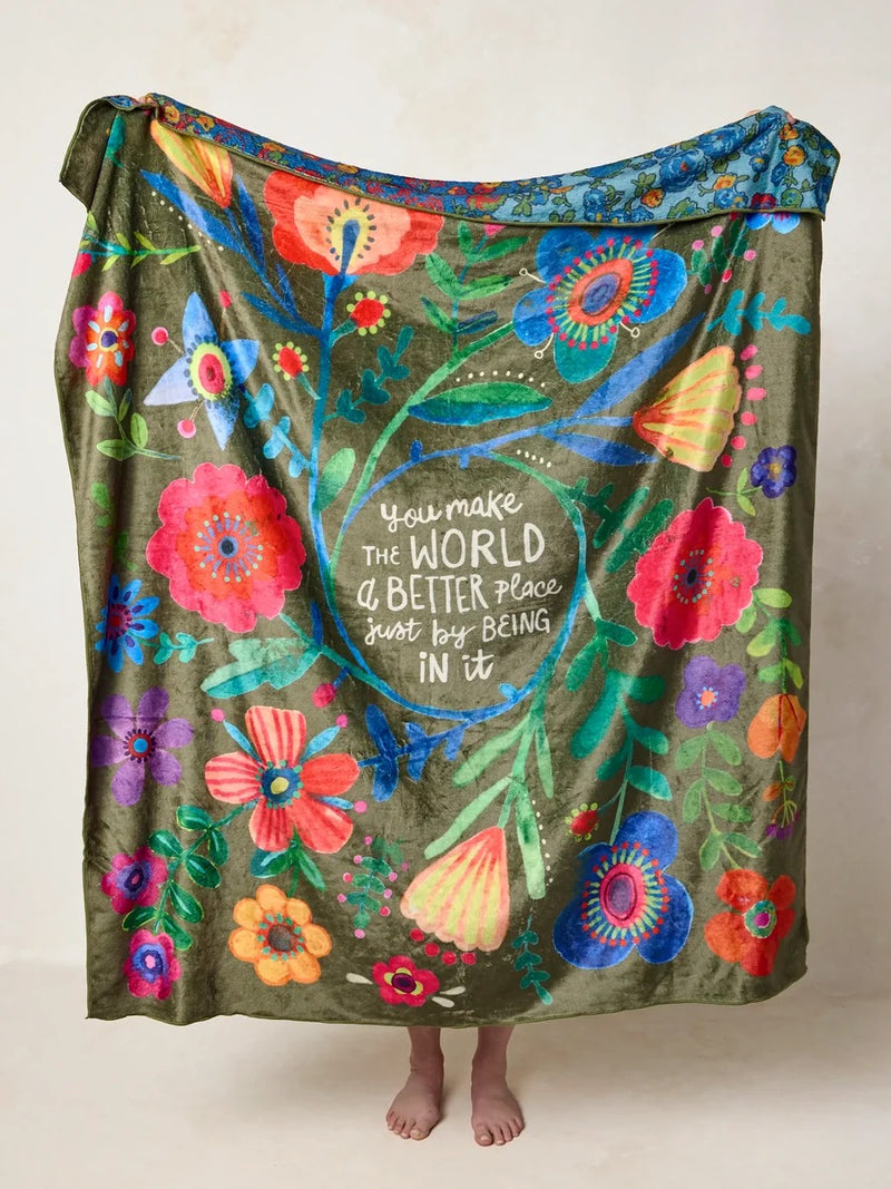 Natural Life Reversible Cozy Throw Blanket - Make the World a Better Place (Dark Olive)