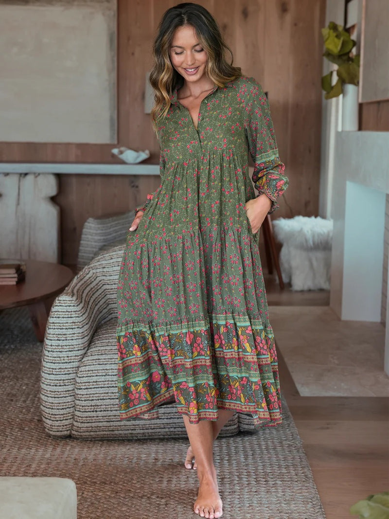 Natural Life Rebecca Long Sleeve Midi Dress - Filigree Border Olive