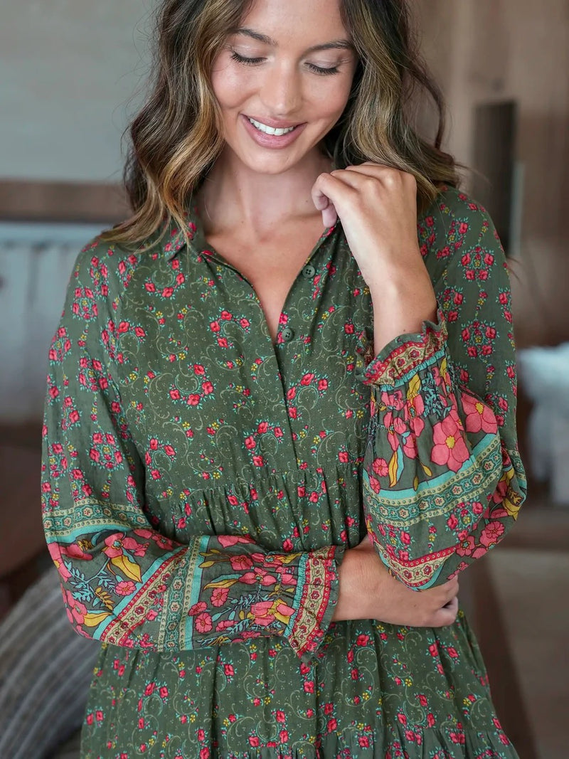 Natural Life Rebecca Long Sleeve Midi Dress - Filigree Border Olive