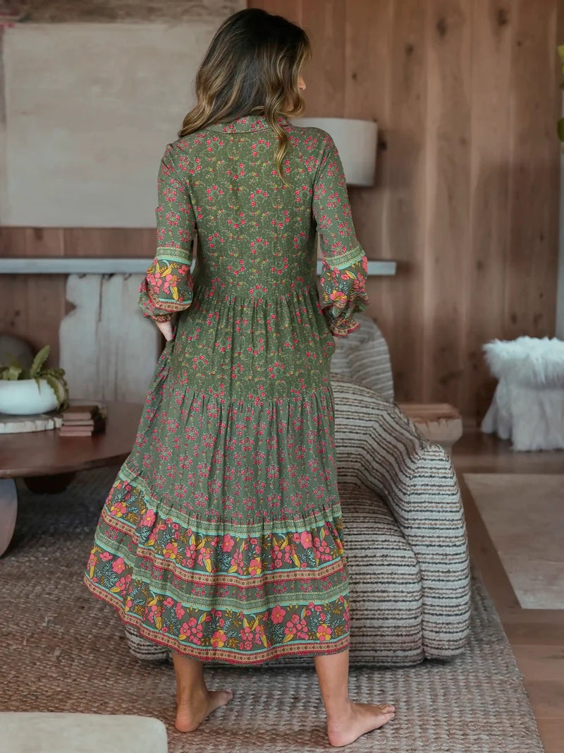 Natural Life Rebecca Long Sleeve Midi Dress - Filigree Border Olive