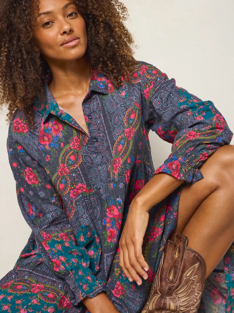 Natural Life Rebecca Long Sleeve Midi Dress - Sintra Bandana Charcoal