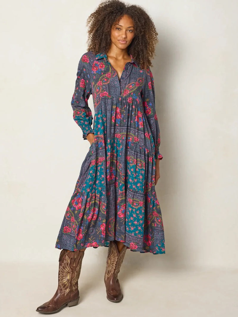Natural Life Rebecca Long Sleeve Midi Dress - Sintra Bandana Charcoal