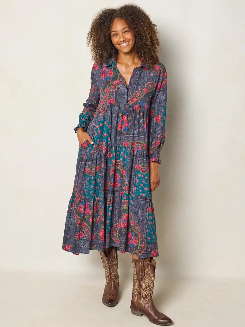 Natural Life Rebecca Long Sleeve Midi Dress - Sintra Bandana Charcoal