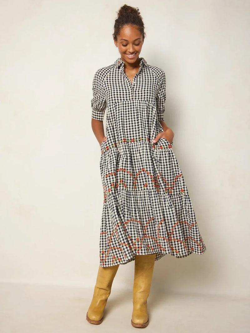 Natural Life Rebecca Embroidered Cotton Midi Dress - Black Gingham