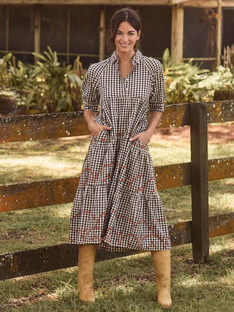 Natural Life Rebecca Embroidered Cotton Midi Dress - Black Gingham