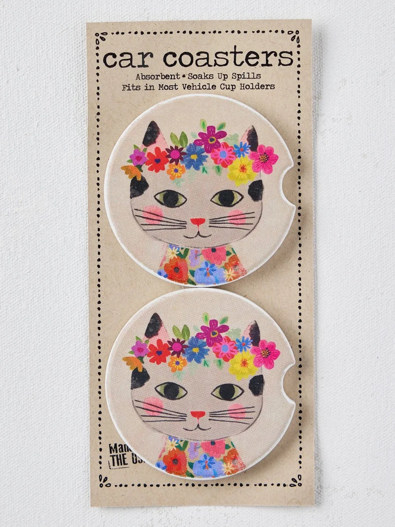 Natural Life Car Coasters, Set of 2 - Taupe Cat