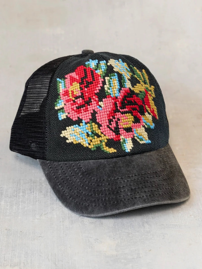 Natural Life Needlepoint Trucker Hat - Dark Flower