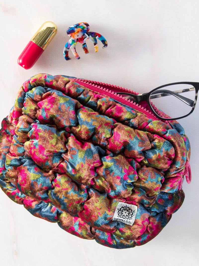 Natural Life® Dana Velvet Puffy Pouch - Teal Pink Floral