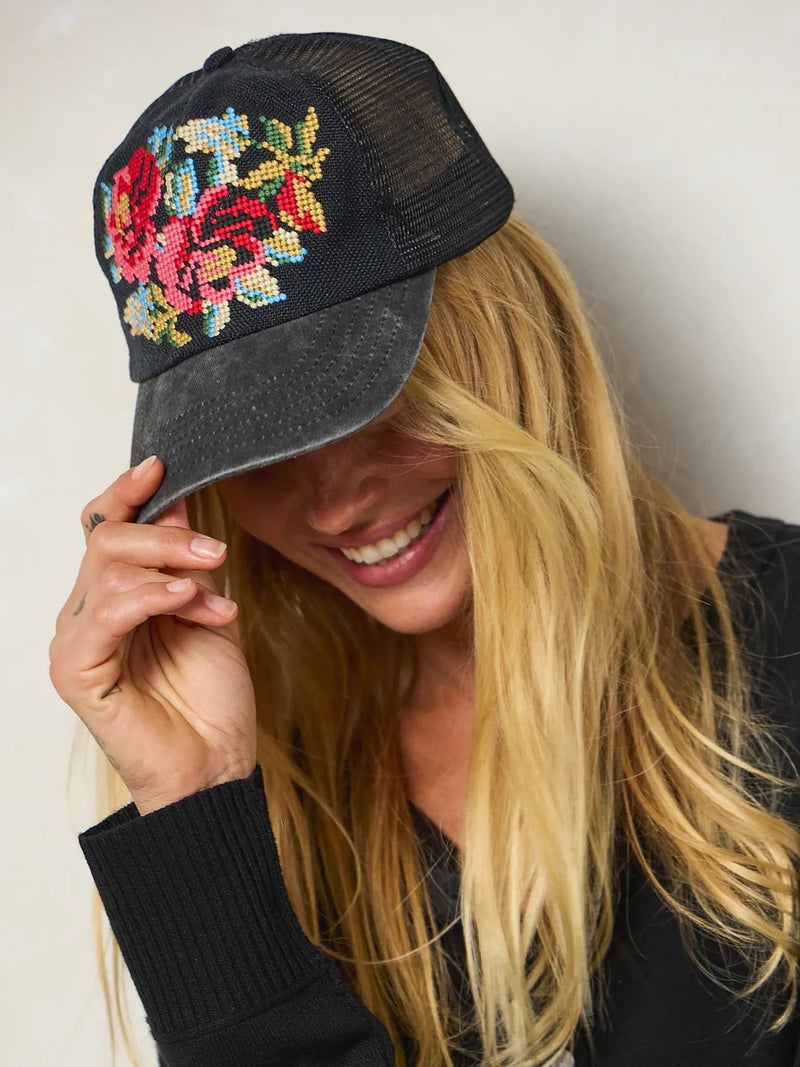 Natural Life Needlepoint Trucker Hat - Dark Flower