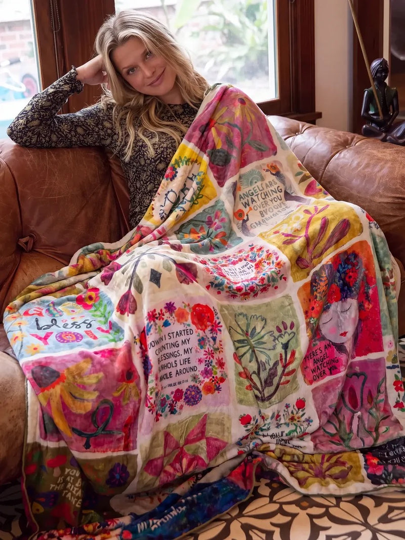 Natural Life XL Double-Sided Cozy Blanket - Folk Quilt Patchwork Blessings