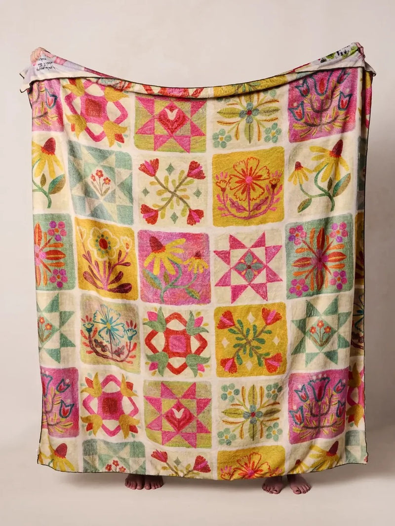 Natural Life XL Double-Sided Cozy Blanket - Folk Quilt Patchwork Blessings