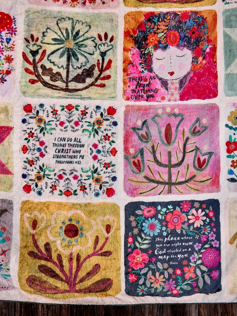 Natural Life XL Double-Sided Cozy Blanket - Folk Quilt Patchwork Blessings