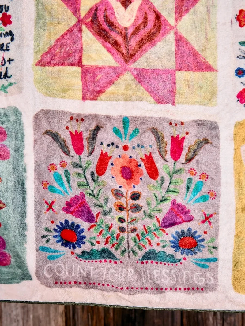 Natural Life XL Double-Sided Cozy Blanket - Folk Quilt Patchwork Blessings