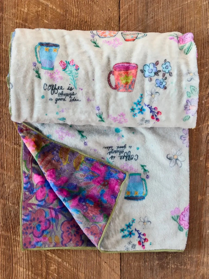 Natural Life Reversible Cozy Throw Blanket - Border Folk Garden Coffee Cups