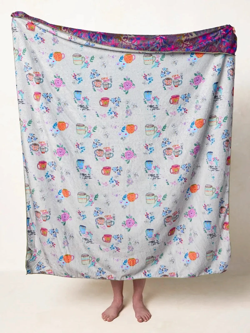 Natural Life Reversible Cozy Throw Blanket - Border Folk Garden Coffee Cups