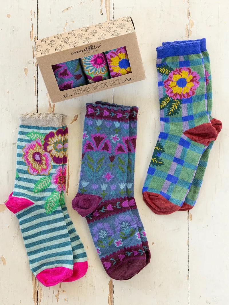 Natural Life Boxed Boho Sock, Set of 3 -  Retro Pink Floral