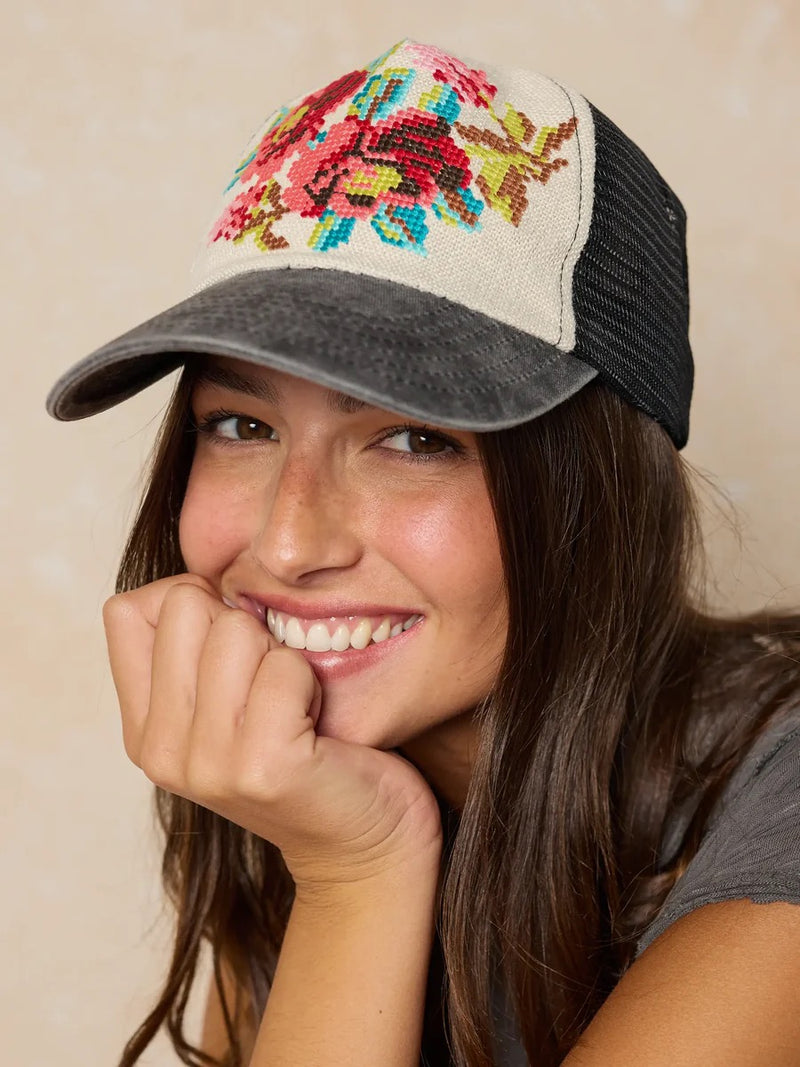 Natural Life Needlepoint Trucker Hat - Flower