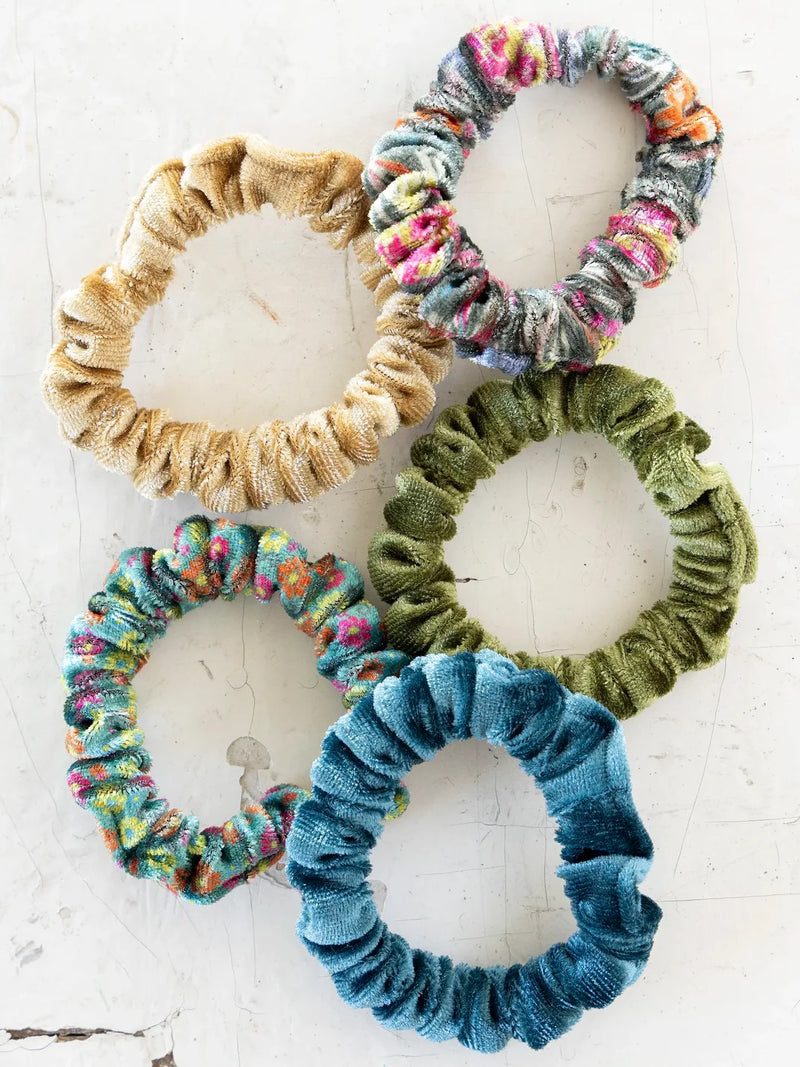 Natural Life® Print and Velvet Scrunchies, Set of 5 - Olive