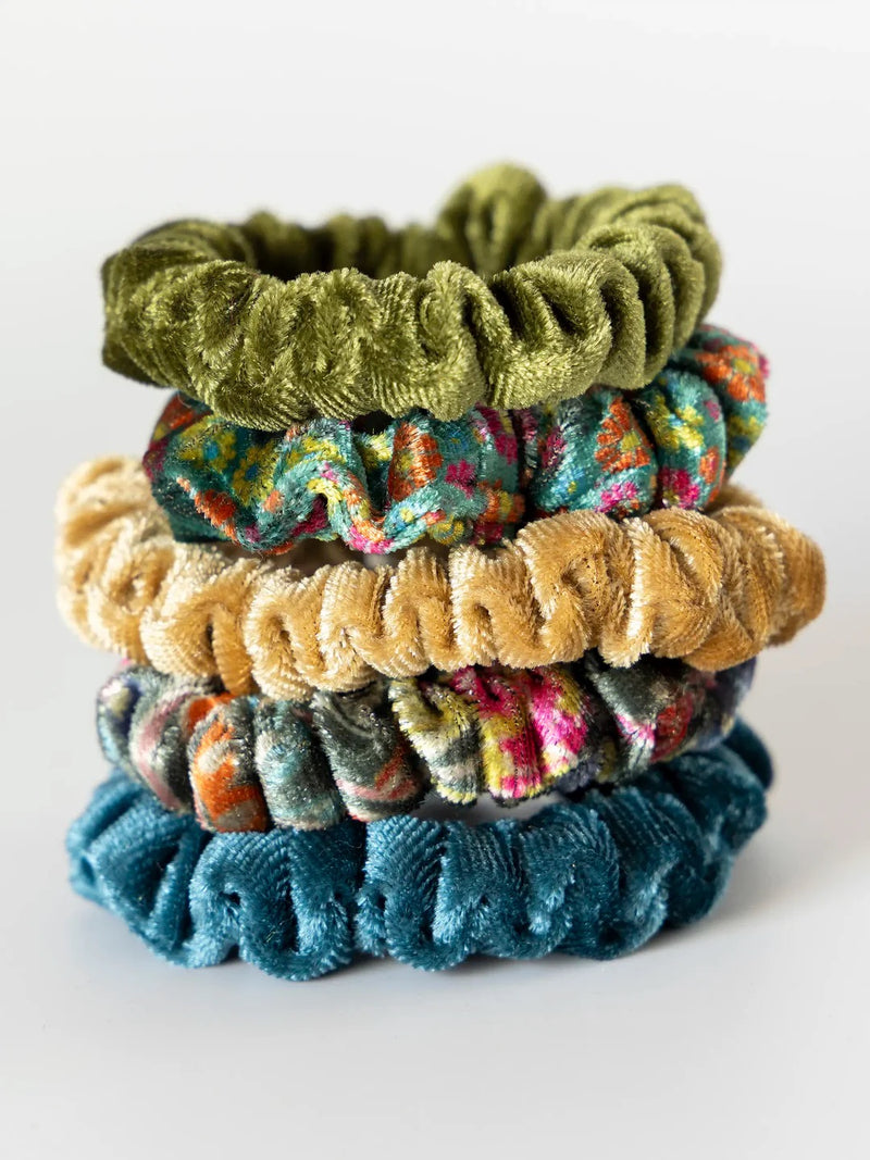 Natural Life® Print and Velvet Scrunchies, Set of 5 - Olive
