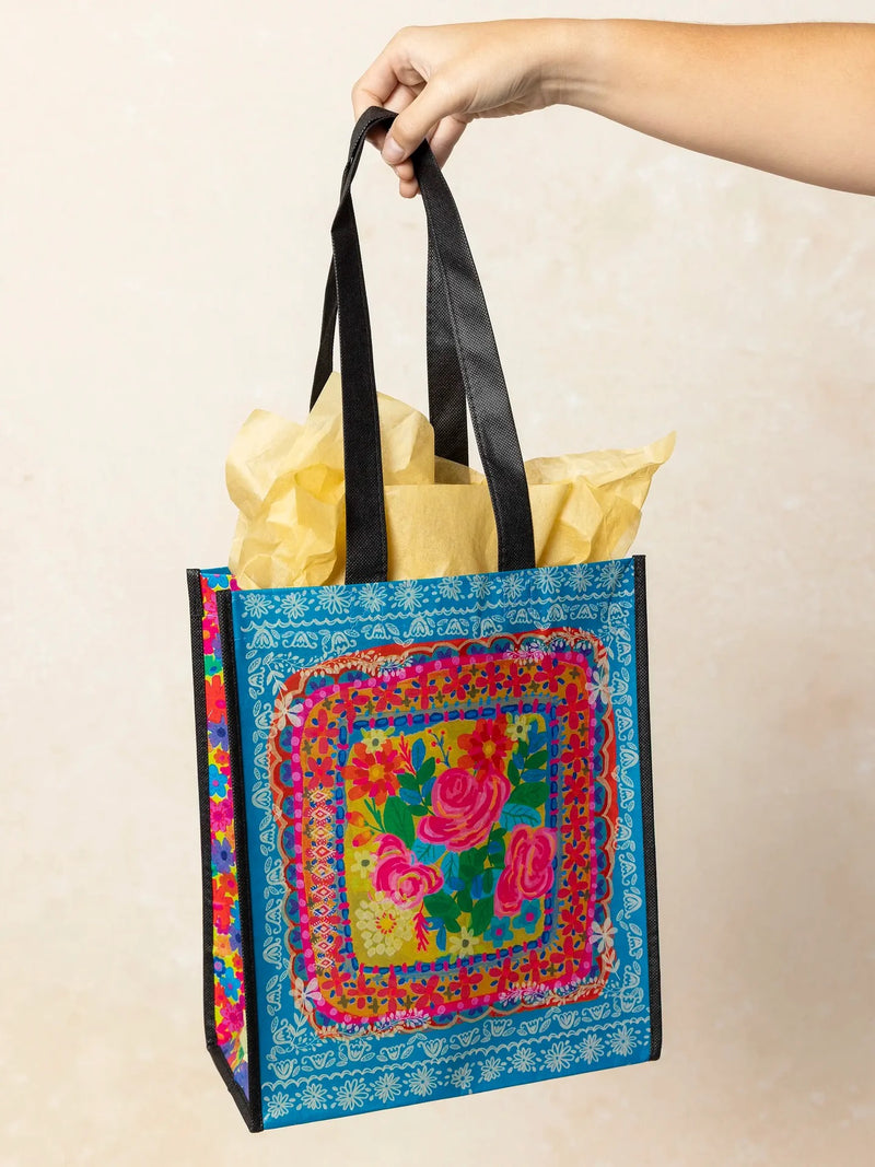 Natural Life Recycled Large Happy Bags - Teal Flower Bouquet