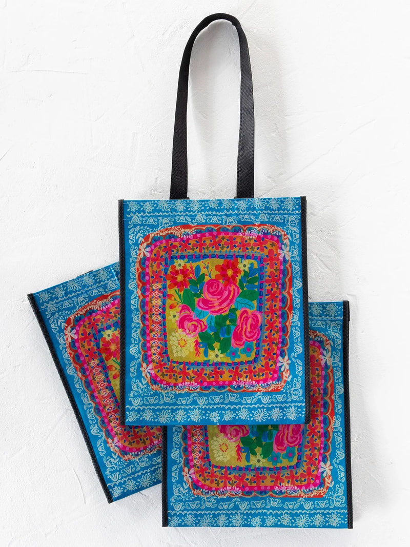 Natural Life Recycled Large Happy Bags - Teal Flower Bouquet