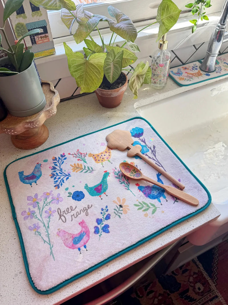 Natural Life Reversible Dish Drying Mat - Chickens