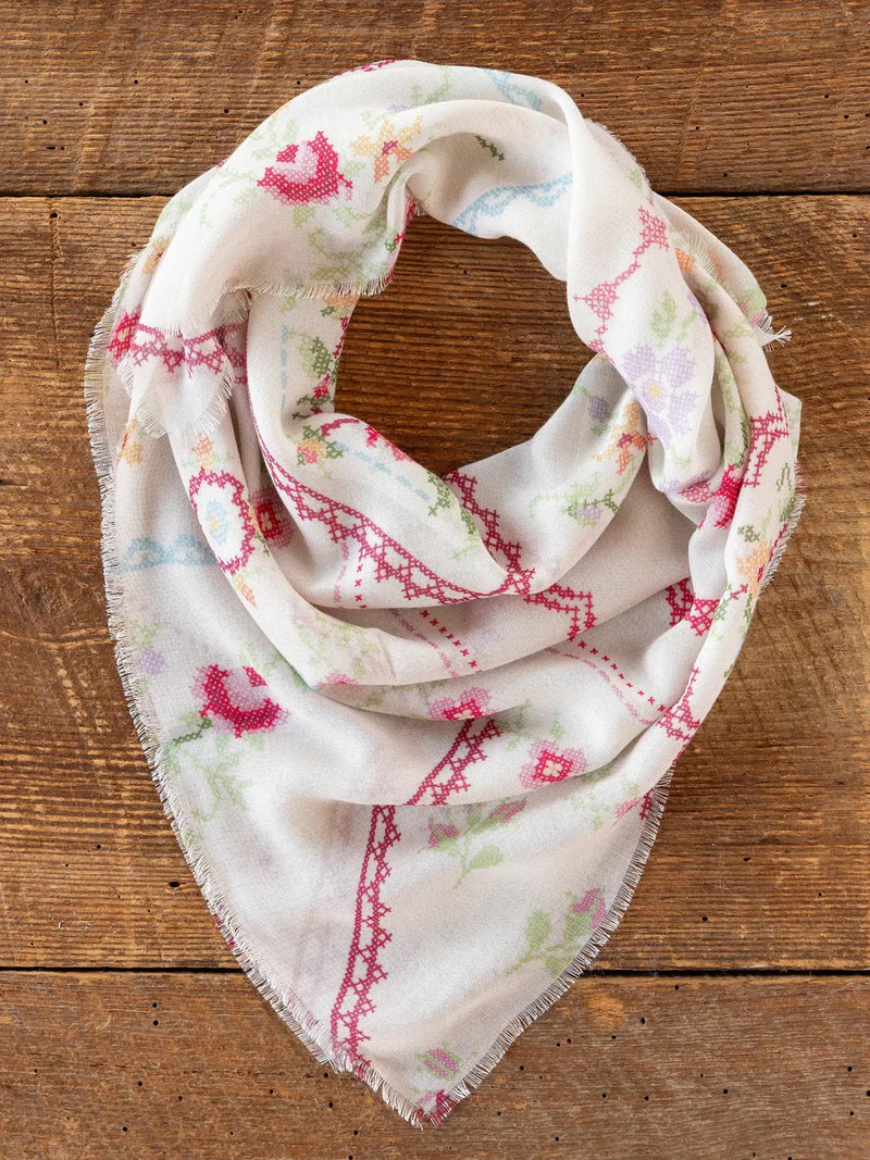 Natural Life® Boho Bandana Scarf - Heirloom Cross Stitch Ivory