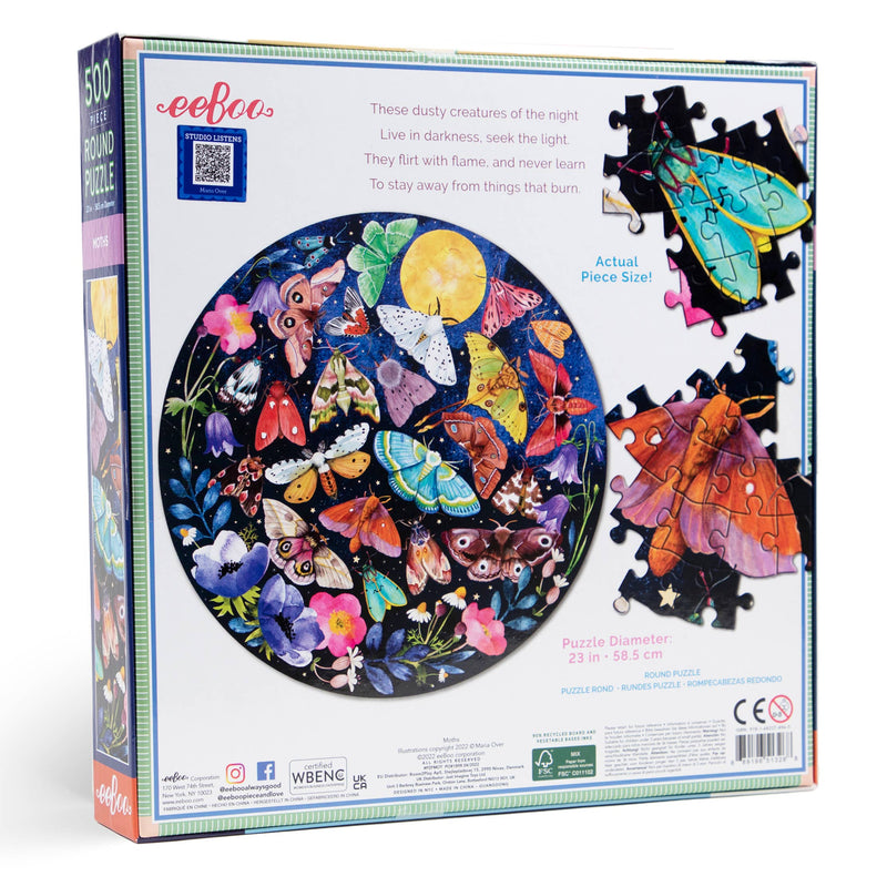 eeBoo - Moths 500 Piece Round Adult Jigsaw Puzzle