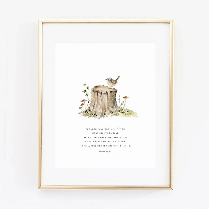 emily lex studio - Zephaniah 3:17 tree stump scripture print